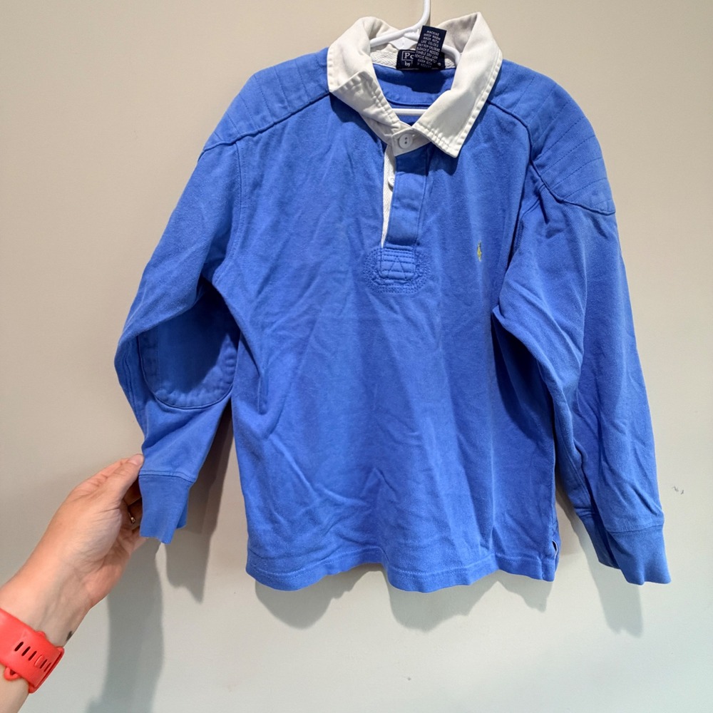 VTG Polo Ralph Lauren Rugby Shirt Youth Small Blue Elbow Patch Minimalist Indie
